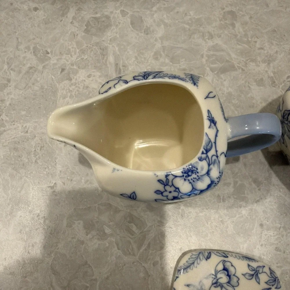 Vintage Shabby Chic Blue And White Cottagecore Floral Creamer And Sugar Bowl Set